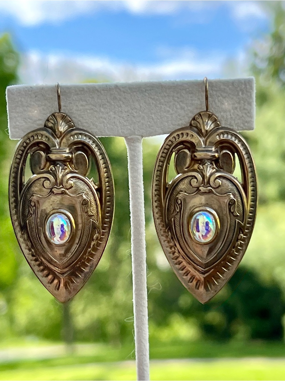 Vintage Tonic Signed Gold Tone Shield Earrings Aurora Borealis Victorian Revival